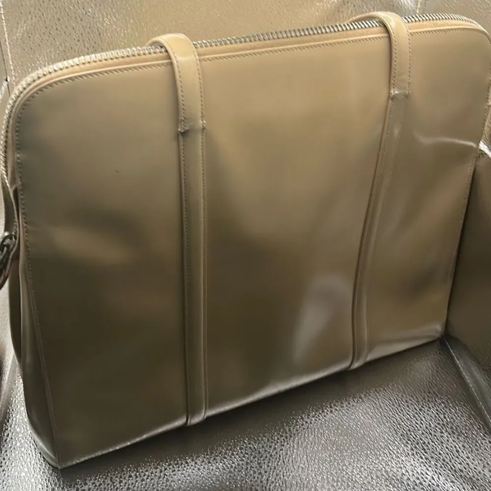 Prada Zip Tope Tote Bag Large Beige Glossy Leather Luxury Summer Coastal Italian